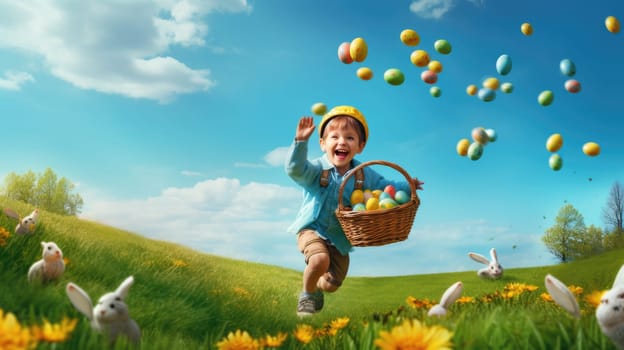 Boy Running with Easter Basket on Green Grass Field with Colorful Eggs.