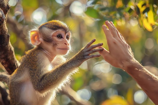 A baby monkey is reaching out to be petted by a person. The scene is playful and heartwarming, as the baby monkey seems curious and eager to interact with the human