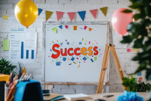 A white board with the word success written on it. The board is surrounded by colorful decorations and balloons