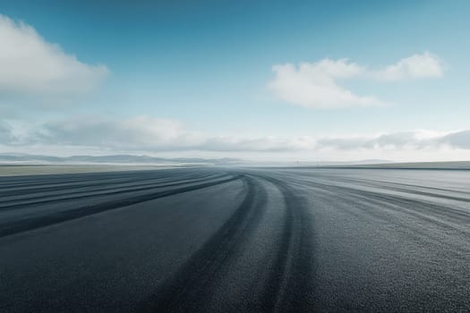 A road with a large tire track in the middle of it. The sky is blue and there are clouds in the background