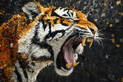 A tiger is shown with its mouth wide open, showing its teeth. The tiger is surrounded by a black background, which creates a dramatic and intense mood. Concept of power and strength
