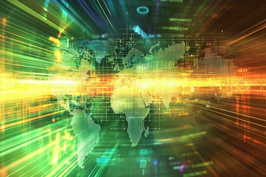 A colorful image of a globe with a green and yellow background. The globe is surrounded by a lot of lines and dots, giving the impression of a busy, complex world