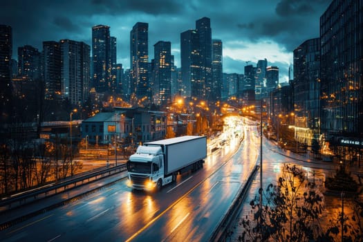 A large white semi truck is driving down a city street at night. The city is lit up with lights, creating a bright and bustling atmosphere