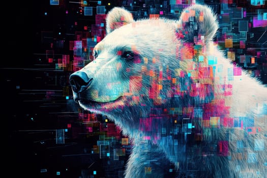 A bear with a colorful face is shown in a digital art piece. The bear's face is made up of many different colors and shapes, giving it a unique and abstract appearance. Scene is playful and whimsical