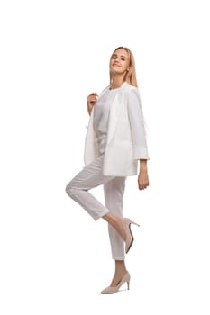 Young beautiful blonde in white costume isolated shot