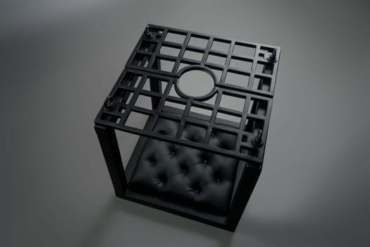 From above modern black cage with soft leather pillow for BDSM sessions placed against gray background