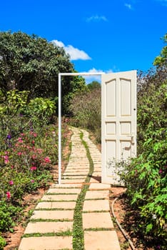 Opened wooden door entrance to the spring summer metaphor