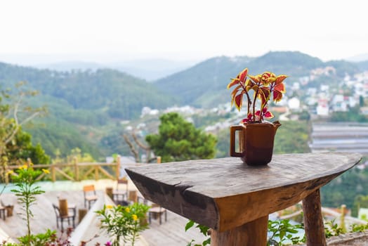 Coleus plant in creative flower pot as teapot against mountain landscape