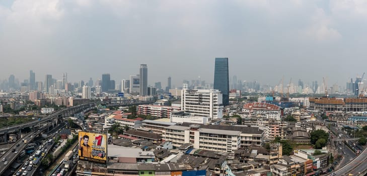 Bangkok, Thailand - January 31, 2019 : Cityscape of Bangkok city with smog PM2.5 dust exceed the standard value of Bangkok city with bad weather air pollution cause poor visibility and health hazards