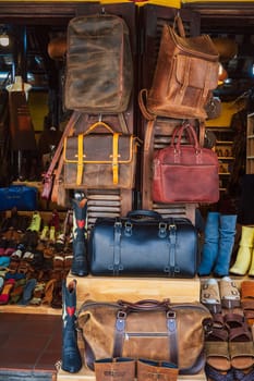 leather bags and shoes store at Hoi An Market in Vietnam in Asia