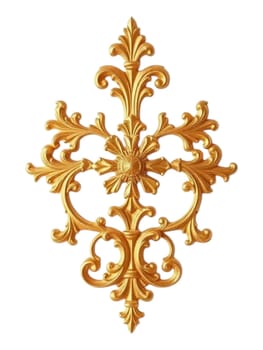 A gold baroque ornament featuring intricate scrolls and flourishes in a vintage, ornate style, with a rich metallic texture and a shiny, luxurious finish.
