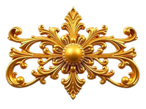 A gold baroque ornament featuring intricate scrolls and flourishes in a vintage, ornate style, with a rich metallic texture and a shiny, luxurious finish.