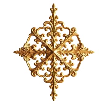 A gold baroque ornament featuring intricate scrolls and flourishes in a vintage, ornate style, with a rich metallic texture and a shiny, luxurious finish.