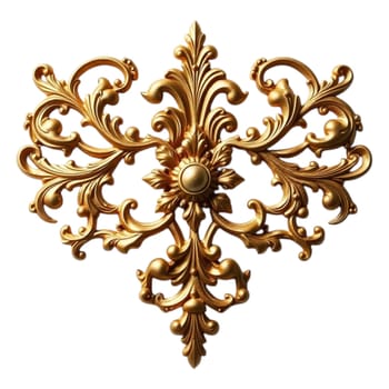 A gold baroque ornament featuring intricate scrolls and flourishes in a vintage, ornate style, with a rich metallic texture and a shiny, luxurious finish.