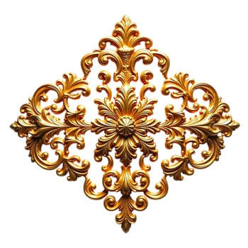 A gold baroque ornament featuring intricate scrolls and flourishes in a vintage, ornate style, with a rich metallic texture and a shiny, luxurious finish.