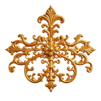 A gold baroque ornament featuring intricate scrolls and flourishes in a vintage, ornate style, with a rich metallic texture and a shiny, luxurious finish.