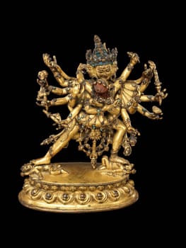 A detailed and vibrant Tibetan Buddhist sculpture of Chakrasamvara and Vajravarahi, showcasing intricate iconography and spiritual symbolism from the late 15th-16th century.