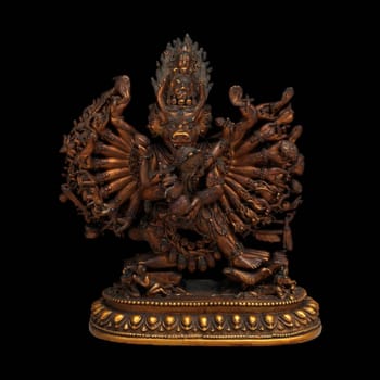 Antique 18th-19th century Vajrabhairava and Vajravetali sculpture from Mongolia, showcasing detailed metalwork and intricate Buddhist iconography.