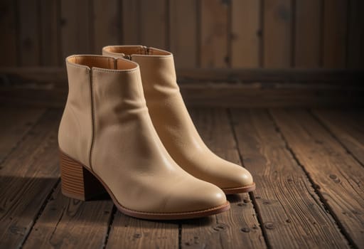 A pair of beige women's boots on a wooden floor, close-up