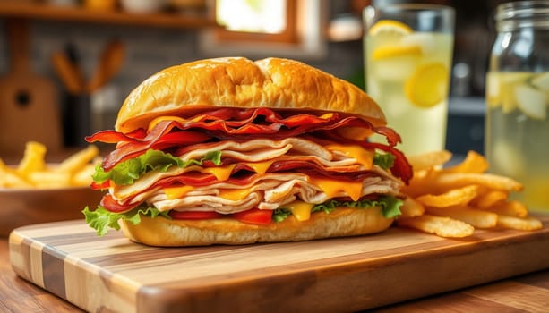 Delicious sandwich with french fries on table in cafe, closeup