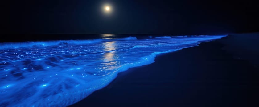 Blue night sea with waves and moon in the background