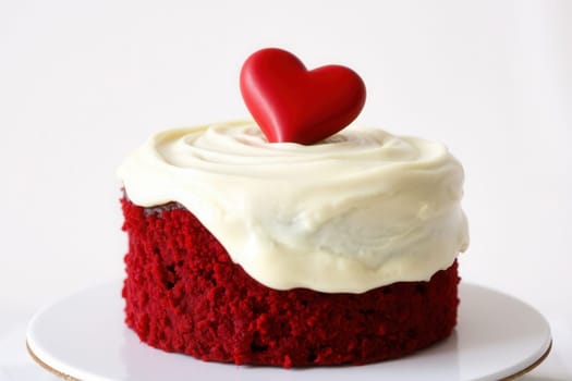 Cake with red heart on white background. Valentine's Day