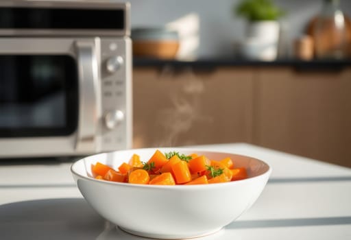 A bowl of hot microwave-cooked carrots on the kitchen table, close-up
