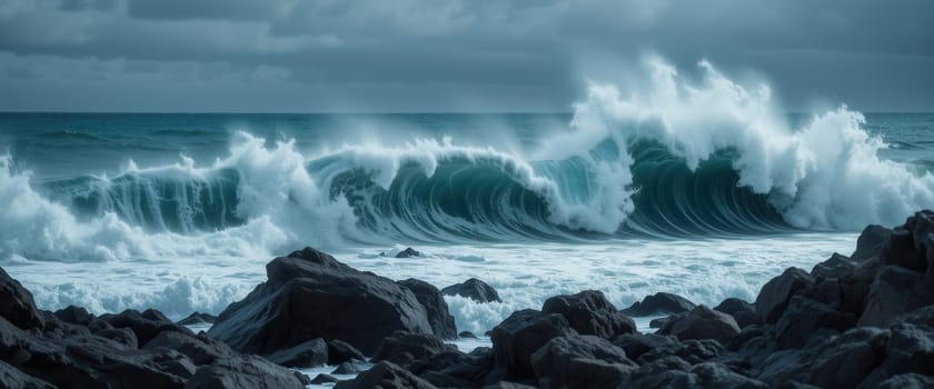 Panoramic view of stormy ocean waves crashing on the rocks