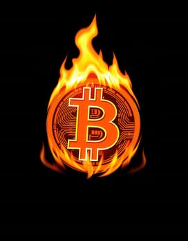 Burning bitcoin sign on black background