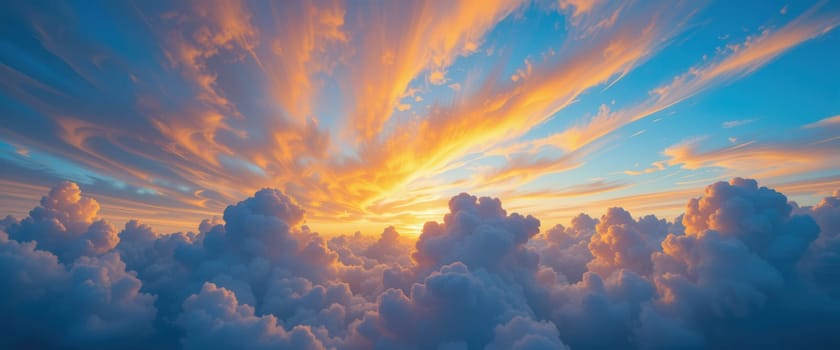 Aerial view of beautiful cloudscape at sunset. Panoramic view