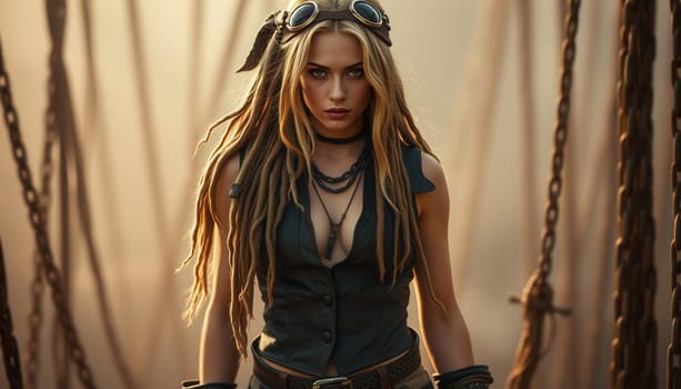 Portrait of a beautiful girl in steampunk style with dreadlocks