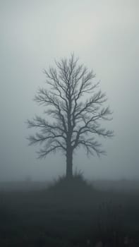 A lone tree in a misty field, early morning