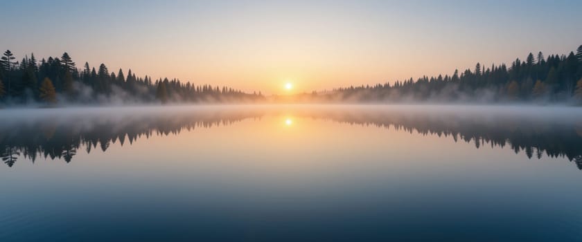 Panoramic view of a misty lake at sunrise