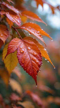 Autumn leaves with water drops on a blurred background