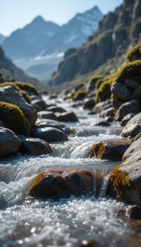 Mossy rocks on a river in the mountains