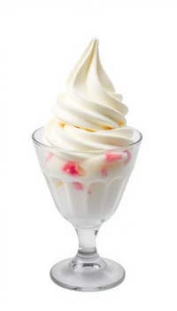 Vanilla ice cream with whipped cream in a cup on a white background
