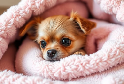 Cute chihuahua puppy on a pink blanket, close-up portrait