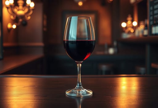 A glass of red wine on a wooden table in a bar or restaurant