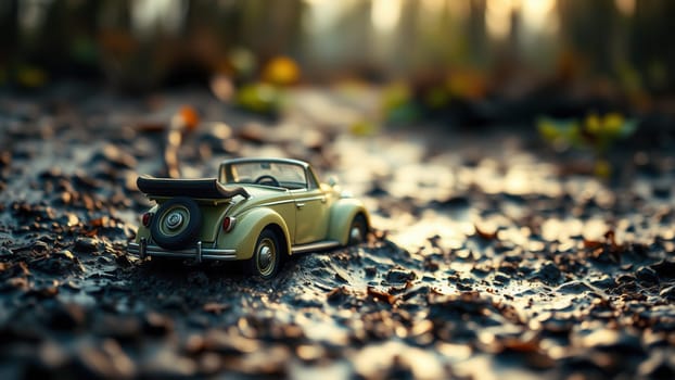 Vintage toy car on the ground in the autumn forest