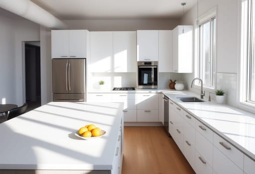 Modern kitchen interior with white walls, white countertops and wooden flooring