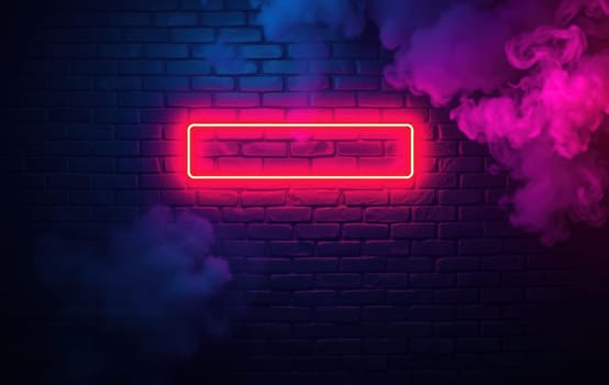 A neon frame on a brick wall with smoke in the foreground