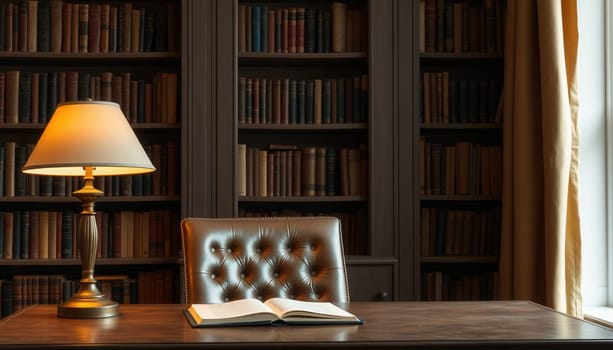 Lamp and book on the table in the home library