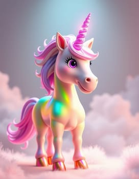 Cute unicorn with pink mane and tail on clouds background