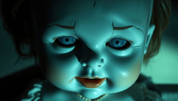 Close-up of a sinister doll in a dark room with a blue light