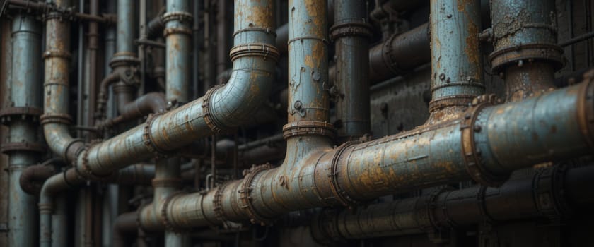 Old rusty pipes and valves in a factory, industrial background