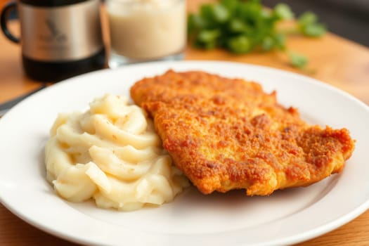 Schnitzel with mashed potatoes on a white plate close up