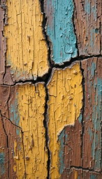 Wooden background with peeling paint in yellow and blue colors