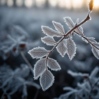 Close-up shot of frost-covered leaves on a branch. A high-quality photo.