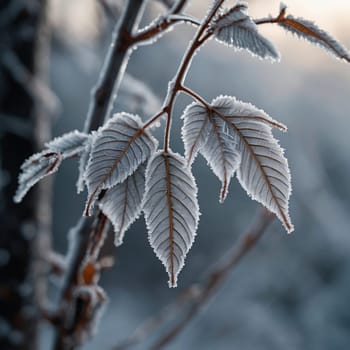 Close-up of frost-covered leaves on a branch. A high-quality photo.