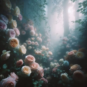 A path through a lush, foggy forest filled with many pastel roses. A high-quality photo.